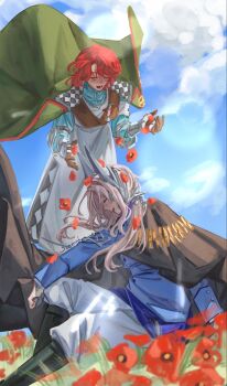 2girls :d ^_^ artist_name black_boots black_cape blue_eyes blue_jacket blue_shirt blue_sky boots cape closed_eyes cloud cloudy_sky coat coat_on_shoulders day dress falling_petals feet_out_of_frame flower gauntlets green_coat grey_hair hair_ornament head_down highres jacket lens_flare long_dress long_hair looking_at_another marsha_(reverse:1999) military_uniform multiple_girls on_ground open_mouth outdoors pants petals poppy_(flower) profile red_flower red_hair reverse:1999 sanmai sentinel_(reverse:1999) shirt short_hair sitting sky smile white_dress white_pants