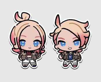 1boy 1girl blonde_hair blue_eyes brown_jacket chibi chibi_only closed_mouth cropped_shirt eneko_(olavcnkrpucl16a) grey_background grin highres jacket long_hair looking_at_viewer nintendo open_clothes open_jacket outline pants pokemon pokemon_legends:_z-a print_shirt red_shirt ribbed_shirt shirt shoes shorts simple_background smile taunie_(pokemon) teeth urbain_(pokemon)