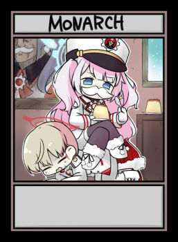 Rule 34 | 2girls, all fours, black pantyhose, blue archive, blue eyes, boots, brown hair, card (medium), cherino (blue archive), closed eyes, crossed legs, english text, fake facial hair, fake mustache, food, fur-trimmed boots, fur hat, fur trim, glint, gloves, grey hair, hat, holding, holding plate, holding spoon, indoors, jacket, lace-up boots, long hair, long sleeves, marina (blue archive), miranofuudoria, multiple girls, one side up, open mouth, pants, pantyhose, plate, pudding, sitting, sitting on person, skirt, snowing, spoon, sweat, turn pale, very long hair, wavy mouth, white boots, white gloves, white hat, white jacket, white pants, white skirt, window