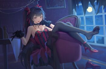 1girl absurdres alternate_costume bare_shoulders black_choker black_dress black_gloves black_hair black_pantyhose breasts butterfly-shaped_pupils choker couch dalmo_(pafe2444) dress flower_tattoo full_moon gloves high_heels highres honkai:_star_rail honkai_(series) indoors looking_at_viewer mark_under_both_eyes medium_breasts moon night on_couch open_mouth pantyhose reaching reaching_towards_viewer red_dress red_shoes shoes single_shoe sitting_sideways soles solo sparkle_(honkai:_star_rail) strapless strapless_dress symbol-shaped_pupils tattoo twintails two-tone_dress wings