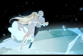 1boy 1girl :d beard black_background black_pants blonde_hair breasts choker cleavage closed_eyes collarbone collared_shirt couple dancing doran_(doran7280) dr._stone dress english_text facial_hair floating_hair full_body glass grey_hair grey_shirt happy hetero highres holding_hands ice_skates ishigami_byakyuya jewelry letterboxed lillian_weinberg long_hair long_sleeves looking_at_another mustache open_mouth pants shards shirt shoes skates sleeveless sleeveless_dress smile space very_long_hair white_choker white_dress