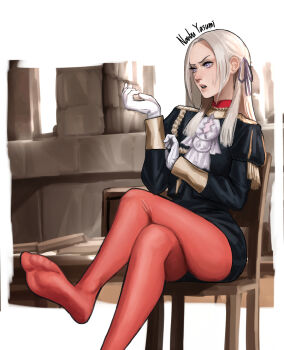 Rule 34 | 1girl, artist name, blonde hair, crossed legs, edelgard von hresvelg, feet, fire emblem, fire emblem: three houses, foot focus, garreg mach monastery uniform, gloves, hair ribbon, highres, indoors, legs, long hair, long sleeves, looking to the side, mixed-language commentary, nanbu yasumi, nintendo, no shoes, open mouth, pantyhose, parted bangs, pink lips, puffy long sleeves, puffy sleeves, purple eyes, purple ribbon, red pantyhose, ribbon, shade, sitting, soles, solo, sweatdrop, upper body, white gloves