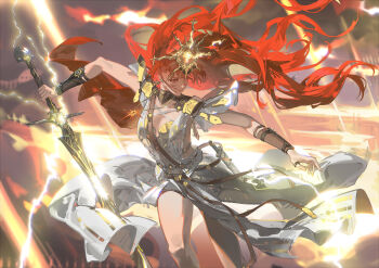 1girl absurdres ancient_greek_clothes arm_armor armor augusta_(wuthering_waves) black_collar breastplate breasts closed_mouth collar dress electricity floating_hair greco-roman_clothes headgear highres holding holding_sword holding_weapon long_hair looking_afar looking_to_the_side medium_breasts missing_commentary red_eyes red_hair sheath shuangbatian solo sun_necklace sword thighs weapon white_dress wind wuthering_waves