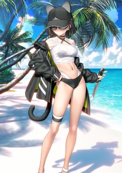1girl animal_hat beach bikini bikini_top_under_shirt bikini_under_clothes black_bikini black_hat black_jacket black_tail blue_sky brown_hair cat_hat cat_tail choker closed_mouth cloud contrapposto covered_eyes criss-cross_halter crop_top fate/grand_order fate_(series) feet_out_of_frame frown game_cg halterneck hand_on_own_hip hat holding holding_knife horizon jacket jacket_partially_removed knife long_sleeves multi-strapped_bikini_bottom multi-strapped_bikini_top navel ocean official_art palm_tree reverse_grip ryougi_shiki ryougi_shiki_(swimsuit_mooncancer)_(first_ascension) see-through_clothes see-through_shirt shirt short_hair sky solo standing stomach sunglasses swimsuit tail takeuchi_takashi thigh_strap third-party_source tree variant_set white_shirt