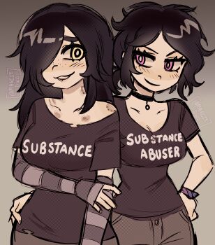 2girls :3 :d \||/ absurdres ashley_graves bare_arms bite_mark bite_mark_on_neck bite_mark_on_shoulder black_choker black_hair black_shirt bracelet breasts bright_pupils brown_pants choker cleavage closed_mouth collarbone commentary cowboy_shot curvy denim elbow_gloves english_commentary fingerless_gloves freckles gloves grey_background grin hair_over_one_eye halftone hand_on_another&#039;s_hip hand_on_own_arm hand_on_own_hip hickey highres implied_yuri jeans jewelry julia_(the_coffin_of_andy_and_leyley) long_hair looking_at_viewer low_ponytail marcieowo medium_breasts multiple_girls one_eye_covered open_mouth pants pink_eyes ponytail purple_gloves raised_inner_eyebrows shirt short_hair short_ponytail short_sleeves side-by-side simple_background single_bare_shoulder smile standing straight_hair striped_clothes striped_gloves the_coffin_of_andy_and_leyley torn_clothes torn_shirt twitter_username two-tone_gloves v-shaped_eyebrows white_pupils yellow_eyes