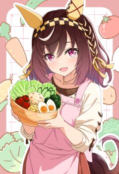 1girl animal_ears apron blush bowl breasts brown_hair buena_vista_(umamusume) casual collarbone food gamyuu_(gamyu) hair_between_eyes hair_ornament hairband highres horse_ears horse_girl horse_tail jewelry looking_at_viewer medium_breasts necklace open_mouth purple_eyes salad simple_background solo tail umamusume vegetable