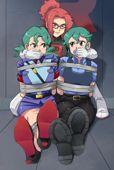3girls absurdres aqua_hair arms_behind_back bdsm bondage bound bound_ankles bound_arms breasts brown_eyes covering_another&#039;s_mouth fifty_(character) hand_over_another&#039;s_mouth high_heels highres jenny_(pokemon) legs lost_one_zero multiple_girls nintendo pokemon pokemon_(anime) pokemon_(classic_anime) pokemon_sm_(anime) police police_uniform policewoman red_hair shades782 tape tape_bondage team_rocket
