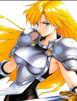 1girl adk armor artist_request blonde_hair blue_eyes breasts female_focus hair_between_eyes highres holding holding_sword holding_weapon janne_d'arc long_hair looking_at_viewer snk solo sword weapon world_heroes