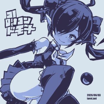 1girl ;) ahoge ass backbeako_(torotei) backbeard bare_shoulders blue_background blue_theme blush breasts closed_mouth collared_dress commentary dated dated_commentary dress elbow_gloves foot_out_of_frame gegege_no_kitarou gloves hair_over_one_eye hair_ribbon half-closed_eye kono_lolicon_domome long_hair looking_at_viewer monochrome neckerchief one_eye_closed original paid_reward_available panties pleated_dress pointy_ears ribbon simple_background sleeveless small_breasts smile solo thighhighs torotei translated twintails underwear watermark web_address