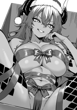 1girl body_markings box breasts christmas commentary_request dark-skinned_female dark_skin greyscale hat highres horns in_box in_container large_breasts looking_at_viewer monochrome naked_ribbon navel otosama ribbon santa_hat senki_survival_saga_-_isekai_no_unmei_wo_kaketa_mujintou_fujun_iseikouyuu sharp_teeth skindentation smile solo spread_legs teeth