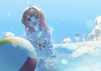 Rule 34 | 3girls, all fours, artist request, beach, beach volleyball, facing viewer, gakuen idolmaster, hanami ume, hat, idolmaster, multiple girls, ocean, outdoors, shinosawa hiro, solo focus, straw hat, swimsuit, water