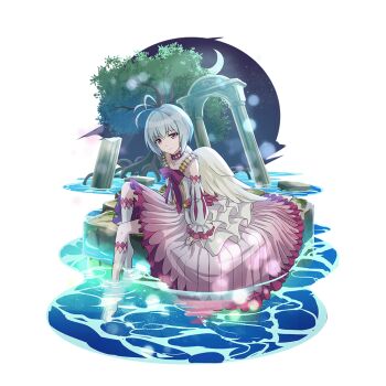 1girl antenna_hair artist_request bare_shoulders bird_girl bird_wings blonde_hair boots bow chest_bow child choker closed_mouth cloud cloudy_sky collarbone colored_tips crescent_moon detached_sleeves dress falling_feathers feathered_wings feathers fitoria_(tate_no_yuusha_no_nariagari) frilled_dress frilled_sleeves frills from_side full_body game_cg gradient_clothes gradient_dress grey_hair knee_boots layered_dress leg_up light_particles light_smile long_dress long_sleeves looking_at_viewer looking_to_the_side moon multicolored_boots multicolored_hair night night_sky official_art pink_boots pink_bow pink_choker pink_dress pink_eyes ruins short_hair simple_background sky soaking_feet solo tate_no_yuusha_no_nariagari tate_no_yuusha_no_nariagari_rerise transparent_background tree two-tone_boots water white_boots white_dress white_sleeves white_wings wings