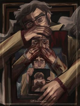 4boys aged_down black-framed_eyewear bloodshot_eyes broken_eyewear chapter_85_cover_(tongari_boushi_no_atelier) coat commentary covering_own_mouth english_commentary extra_digits ford_pines glasses gravity_falls grey_coat grey_hair grin hands_up highres holding_portrait hugging_object impaled looking_at_viewer multiple_boys n0cturnalcm nail_(hardware) portrait_(object) progression smile wide-eyed