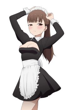 Rule 34 | 1girl, absurdres, alternate costume, alternate hairstyle, apron, black dress, blush, breasts, brown eyes, brown hair, cleavage, coro fae, dress, enmaided, highres, iino miko, kaguya-sama wa kokurasetai ~tensai-tachi no renai zunousen~, long hair, looking at viewer, maid, maid headdress, ponytail, short dress, solo, waist apron, white apron