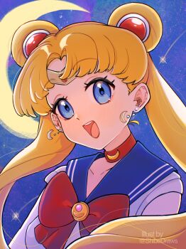 1girl :d absurdres bishoujo_senshi_sailor_moon blonde_hair blue_eyes blue_sailor_collar blue_sky circlet commentary_request crescent crescent_earrings crescent_moon earrings highres jewelry long_hair looking_at_viewer moon open_mouth outdoors parted_bangs sailor_collar sailor_moon shibedraws shirt sky smile solo star_(sky) starry_sky tsukino_usagi upper_body very_long_hair white_shirt