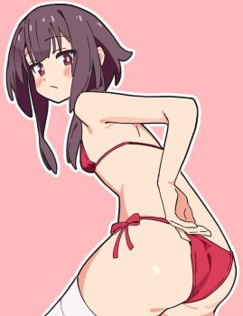 1girl :/ adjusting_clothes adjusting_swimsuit ass bandaged_leg bandages bare_arms bare_shoulders bikini blush_stickers breasts brown_hair cowboy_shot from_behind frown kono_subarashii_sekai_ni_shukufuku_wo! leaning_forward loli looking_at_viewer looking_back megumin noyama_takenoko outline pink_background red_bikini red_eyes short_hair_with_long_locks side-tie_bikini_bottom simple_background small_breasts solo string_bikini swimsuit white_outline