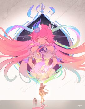 2girls absurdres amphoreus_(honkai:_star_rail) aqua_hair bare_shoulders black_coat breasts chinese_commentary closed_eyes coat commentary_request cyrene_(honkai:_star_rail) cyrene_(ripples_of_past_reverie)_(honkai:_star_rail) dogebot dress flower grey_hair hair_flower hair_ornament highres honkai:_star_rail honkai_(series) large_breasts long_hair mem_(honkai:_star_rail) mobius_strip multicolored_hair multiple_girls pink_hair stelle_(honkai:_star_rail) trailblazer_(honkai:_star_rail) two-tone_hair very_long_hair white_dress