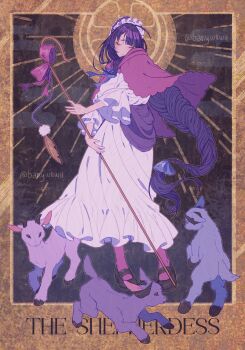 1girl absurdres alternate_costume animal artist_name baby_animal blunt_bangs bow braid cane capelet closed_eyes closed_mouth dress ebany_ohuet english_text frilled_sleeves frills genshin_impact hair_bow head_tilt highres holding holding_cane lamb light_blush long_braid long_hair low-tied_long_hair mole mole_under_eye pantyhose purple_hair purple_pantyhose raiden_shogun sheep short_sleeves single_braid solo standing sun twitter_username watermark white_headdress wide_sleeves