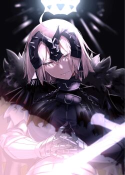 1girl ahoge armor armored_dress breasts cape closed_eyes collar crown dress fate/grand_order fate_(series) fur-trimmed_cape fur_trim gauntlets grey_hair headpiece highres jeanne_d&#039;arc_alter_(avenger)_(fate) jeanne_d&#039;arc_alter_(avenger)_(first_ascension)_(fate) jeanne_d&#039;arc_alter_(fate) large_breasts metal_collar plackart ri_o_ne_su short_hair solo