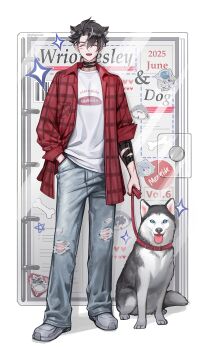 Rule 34 | 1boy, absurdres, bandaged neck, bandages, black bandages, black fur, black hair, blue eyes, closed eyes, commentary, dog, earrings, genshin impact, grey hair, grey pants, grey shoes, hair between eyes, highres, jacket, jewelry, kkomommo, male focus, multicolored fur, multicolored hair, open mouth, pants, red jacket, scar, scar on neck, shirt, shoes, short hair, solo, streaked hair, symbol-only commentary, tongue, tongue out, torn clothes, torn pants, white fur, white shirt, wriothesley (genshin impact)