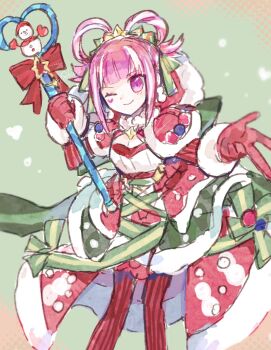 ;) blunt_bangs capelet closed_mouth commentary_request dress facial_mark fire_emblem fire_emblem_engage fire_emblem_heroes gloves gyaru_w hair_rings heart heart_facial_mark highres holding holding_staff hortensia_(fire_emblem) hortensia_(winter's_dearest)_(fire_emblem) ku_zensen long_sleeves looking_at_viewer nintendo official_alternate_costume one_eye_closed pink_eyes pink_hair red_capelet red_gloves red_thighhighs short_hair smile staff thighhighs w