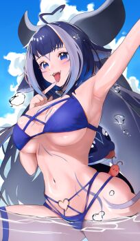 1girl absurdres ahoge bikini black_hair blue_bikini blue_collar blue_nails body_markings breasts cetacean_tail collar facial_mark fangs fins fish_tail heart heart_ahoge heart_o-ring highres indie_virtual_youtuber large_breasts long_hair looking_at_viewer multicolored_hair navel o-ring open_mouth orca_girl purple_eyes shylily shylily_(bikini) solo streaked_hair swimsuit tail tongue tongue_out virtual_youtuber water white_hair zen1zen3
