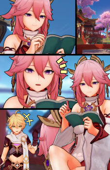 1boy 1girl actualekusu aether_(genshin_impact) ahoge animal_ears arm_armor blonde_hair book braid brown_shirt detached_sleeves earrings floppy_ears fox_ears genshin_impact highres japanese_clothes jewelry kimono long_hair low-braided_long_hair low-tied_long_hair pink_hair purple_eyes purple_kimono scarf shirt short_hair_with_long_locks smile tomoe_(symbol) vision_(genshin_impact) white_scarf wide_sleeves writing yae_miko yellow_eyes