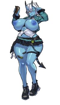 1girl absurdres aged_up alternate_breast_size_(larger) between_breasts black_necktie black_shoes black_skirt black_tail blue_jacket blue_nipples blue_oni blue_skin breasts breasts_out collared_shirt colored_nipples colored_skin curvy demon_girl demon_horns demon_tail drink full_body hair_between_eyes highres holding holding_drink horns huge_breasts jacket long_sleeves miniskirt mold_(pixiv6616319) mole mole_on_breast navel necktie necktie_between_breasts nipples one_eye_closed oni open_clothes open_jacket open_mouth open_shirt orange_eyes pleated_skirt salute shirt shoes short_hair sidelocks simple_background skin-covered_horns skirt smile solo soukaku_(zenless_zone_zero) sticker_on_leg tail thick_thighs thigh_strap thighs white_background white_hair white_shirt zenless_zone_zero