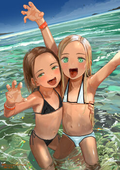 2girls :d aoife_campbell_(masuda_(yousaytwosin)) arm_around_waist armpits arms_up bikini blonde_hair blue_sky blush brown_hair day green_eyes half-closed_eyes highres horizon loli long_hair looking_at_viewer masuda_(yousaytwosin) medium_hair multiple_girls navel ocean open_mouth original outdoors partially_submerged ripples sharp_teeth side-tie_bikini_bottom sky smile standing swimsuit teeth wading wet white_bikini wristband