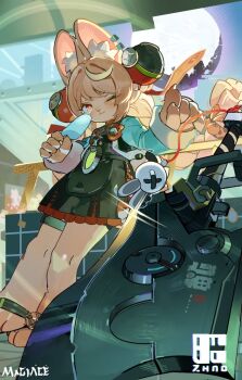 1girl :3 against_railing animal_ear_fluff animal_ear_piercing animal_ears animal_feet anklet artist_name braid braided_twintails bright_pupils character_name closed_mouth commentary_request food furry furry_female green_shirt holding holding_food holding_popsicle jewelry long_hair magiace moon one_eye_closed pink_fur pink_hair popsicle rabbit_ears rabbit_girl railing red_eyes screw shirt short_eyebrows solo sword thick_eyebrows weapon white_pupils zenless_zone_zero zhao_(zenless_zone_zero)