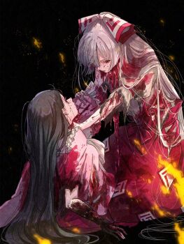 2girls adversarial_noise black_background black_hair blood blood_on_clothes blood_on_face blood_on_hands fire fujiwara_no_mokou grey_hair guro highres houraisan_kaguya kneeling long_hair mokoiscat multiple_girls ofuda ofuda_on_clothes ofuda_on_head pants pink_shirt red_eyes red_pants shirt suspenders torn_clothes torn_shirt touhou very_long_hair violence white_shirt