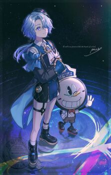 Rule 34 | absurdres, ascot, black hat, black shirt, blue eyes, blue hair, blue jacket, bow, bowtie, brown shorts, clockie (honkai: star rail), commentary request, different reflection, english text, galaxy, gears, gloves, hair over one eye, hand on own chest, hat, highres, honkai: star rail, honkai (series), jacket, junjam, long hair, looking up, miniskirt, misha (honkai: star rail), night, red bow, red bowtie, reflection, ripples, shirt, shooting star, shorts, signature, skirt, sky, smile, star (sky), starry sky, suspender shorts, suspenders, thigh strap, watermark, white ascot, white gloves, white shirt