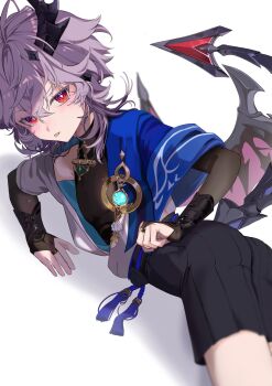 1boy blue_rope closed_mouth commentary_request cosplay dragon_boy dragon_horns dragon_tail genshin_impact hair_between_eyes highres horns invisible_floor male_focus mini_durin_(genshin_impact) mini_durin_(human)_(genshin_impact) on_floor purple_hair rope sahi00000 scaramouche_(genshin_impact) simple_background solo tail thighs tongue tongue_out wanderer_(genshin_impact) wanderer_(genshin_impact)_(cosplay) white_background