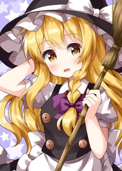 Rule 34 | 1girl, apron, arm behind head, arm up, black dress, black hat, blonde hair, blush, bow, bowtie, braid, breasts, broom, buttons, commentary, dress, frills, hair between eyes, hair bow, hands up, hat, hat bow, highres, kirisame marisa, long hair, looking to the side, medium breasts, one-hour drawing challenge, open mouth, puffy short sleeves, puffy sleeves, purple background, purple bow, purple bowtie, ruu (tksymkw), shirt, short sleeves, single braid, smile, solo, star (symbol), star symbol background, touhou, white apron, white bow, white shirt, witch hat, yellow eyes
