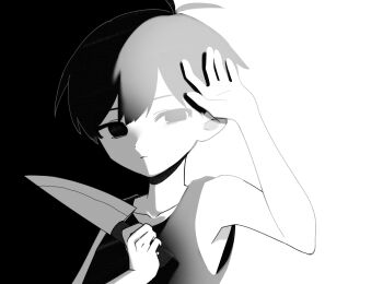 Rule 34 | 1boy, absurdres, antenna hair, arm up, backlighting, bare arms, bare shoulders, black background, closed mouth, collarbone, double-parted bangs, expressionless, greyscale, hair behind ear, hair between eyes, half-closed eyes, hand on own chest, hand up, hashtag-only commentary, highres, holding, holding knife, kitchen knife, knife, light frown, looking at viewer, male focus, monochrome, mqd0rl, no pupils, omori, omori (omori), portrait, short hair, simple background, solo, tank top, very short hair, white background