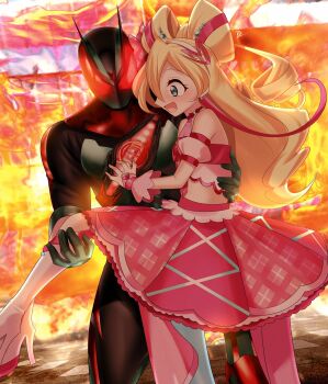 Rule 34 | 1boy, 1girl, absurdres, armor, bare shoulders, black bodysuit, blonde hair, blue eyes, bodysuit, capsems, carrying, commentary, english commentary, fire, glowing, glowing eyes, green armor, high heels, highres, kamen rider, kamen rider zeztz, kamen rider zeztz (series), long hair, pink shirt, pink skirt, precure, princess carry, red eyes, reiei 8, shirt, skirt, zeztz driver