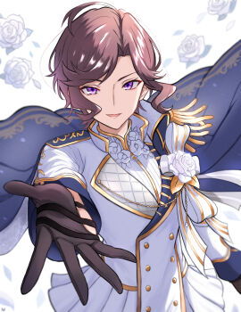 Rule 34 | 1girl, ahoge, arm at side, black gloves, blue cape, blurry, blurry background, brown hair, buttons, cape, chibinekopan, double-breasted, epaulettes, floating cape, floral background, flower, frilled jacket, frills, gloves, half gloves, hand up, highres, jacket, long sleeves, looking at viewer, offering hand, official alternate costume, official alternate hair length, official alternate hairstyle, open hand, outstretched arm, parted bangs, parted lips, purple eyes, reaching, reaching towards viewer, ribbon, rose, shirt, short hair, shoujo kageki revue starlight, single epaulette, smile, solo, standing, tendou maya, upper body, white background, white flower, white jacket, white ribbon, white rose, white shirt, white tongue