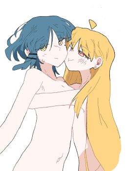 2girls ahoge blonde_hair blue_hair blush bocchi_the_rock! cheek-to-cheek closed_mouth commentary_request earrings firstsinneruni heads_together highres hug ijichi_nijika jewelry long_hair mole mole_under_eye multiple_girls nude short_hair stud_earrings sweat yamada_ryo yellow_eyes yuri