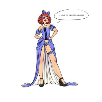 1girl button_eye dress eljesala glitch_productions high_heels off-shoulder_dress off_shoulder open_clothes open_dress ragatha_(the_amazing_digital_circus) red_hair the_amazing_digital_circus underwear wedge_heels