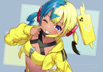 1girl bandeau blue_eyes bon_(bonbon315) canari_(pokemon) commentary_request cropped_jacket eyelashes gen_4_pokemon grin hand_up happy hood hood_down hooded_jacket jacket looking_at_viewer mask mask_pull mouth_mask multicolored_hair navel nintendo one_eye_closed open_clothes open_jacket pokemon pokemon_legends:_z-a rotom rotom_phone short_twintails smile teeth twintails yellow_bandeau yellow_jacket zipper zipper_pull_tab