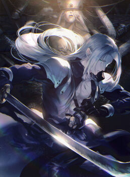 1boy 1other black_gloves closed_eyes closed_mouth commentary_request covered_eyes final_fantasy final_fantasy_vii gloves green_eyes highres holding holding_sword holding_weapon jenova long_hair looking_at_viewer looking_to_the_side sephiroth sunakumo sword weapon white_hair