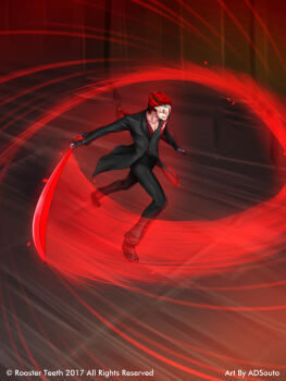 1boy adam_taurus adsouto belt black_footwear black_gloves black_pants energy gloves glowing glowing_sword glowing_weapon highres holding holding_sword holding_weapon horns jacket katana male_focus mask official_art pants red_hair rwby sheath shirt sword unsheathing weapon wilt_and_blush