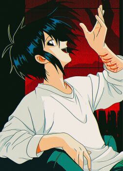 1boy absurdres arm_up black_eyes black_hair bleeding blood cuts guro highres injury looking_at_viewer male_focus randal's_friends self-harm shirt short_hair sitting solo tsukada_satoru uri_ka55 white_shirt