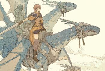 1boy 1girl breasts fire_emblem fire_emblem:_three_houses full_body highres holding holding_sword holding_weapon leonie_pinelli looking_to_the_side medium_breasts nintendo nutori_manga orange_eyes orange_hair riding_dragon shield shield_on_back solo_focus sword weapon