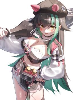1girl absurdres bihyung_(black_survival) black_survival breasts brown_hair commentary_request eternal_return:_black_survival green_hair hair_between_eyes highres iiyo125 korean_commentary large_breasts long_hair looking_at_viewer multicolored_hair navel open_mouth simple_background smile solo thighs two-tone_hair white_background yellow_eyes