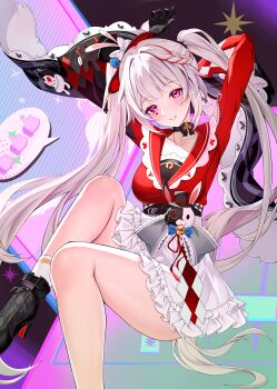 1girl absurdres black_boots black_hat boots breasts capelet commentary_request hat highres honkai:_star_rail honkai_(series) katal long_hair looking_at_viewer medium_breasts mini_hat mini_top_hat purple_eyes red_capelet skirt smile solo sparkle_(honkai:_star_rail) sparxie_(honkai:_star_rail) thighs top_hat twintails very_long_hair white_hair white_skirt