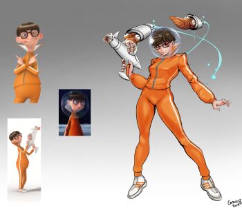 1girl artist_name black-framed_eyewear bowl_cut brown_hair commentary cosplay despicable_me energy_gun english_commentary fishbowl_helmet full_body glasses graveyardeight highres holding holding_weapon jacket juno_(overwatch) long_sleeves looking_at_viewer orange_jacket orange_pants overwatch overwatch_2 pants pun ray_gun rectangular_eyewear red_eyes reference_inset short_hair solo squid thighs track_jacket track_pants vector_(despicable_me) vector_(despicable_me)_(cosplay) weapon white_footwear zipper zipper_pull_tab