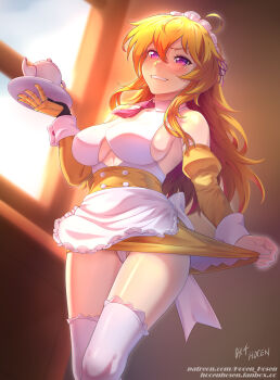 1girl alternate_costume apron artist_name biting_own_lip blonde_hair breasts clothes_pull clothing_cutout detached_sleeves dress enmaided frilled_hairband frills hairband highres holding holding_saucer large_breasts long_hair looking_at_viewer maid mechanical_arms miniskirt necktie prosthesis prosthetic_arm purple_eyes rwby saucer sideboob single_mechanical_arm skirt skirt_pull teapot thighhighs vilde_loh_hocen white_apron white_thighhighs yang_xiao_long yellow_dress