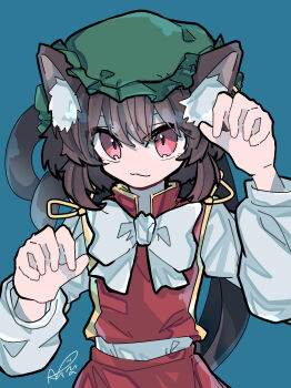 1girl :3 absurdres akuta_neko animal_ear_fluff animal_ears bow bowtie brown_hair cat_ears cat_girl cat_tail chen commentary frilled_hat frills green_background green_hat hands_up hat highres light_smile mob_cap multiple_tails red_eyes red_skirt red_vest shirt signature simple_background skirt skirt_set solo tail touhou two_tails vest white_bow white_bowtie white_shirt