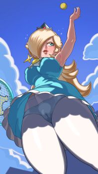 1girl arm_up armpits ball bare_arms blonde_hair blue_dress blue_panties blue_sky blush breasts cameltoe cloud crown day dress earrings frilled_skirt frills from_below hair_over_one_eye hard-degenerate highres jewelry large_breasts lips long_hair mario_(series) mario_tennis mario_tennis:_ultra_smash mini_crown nintendo panties pantyhose parted_lips racket rosalina see-through_clothes skirt sky sleeveless sleeveless_dress summer super_mario_galaxy sweat tennis tennis_ball tennis_racket underwear upskirt white_pantyhose wind wind_lift